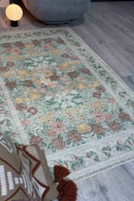 Mars Serisi Vintage Çiçek Desenli Yeşil Dekoratif ve Yıkanabilir Dokuma Şönil Halı Bohem Oda Halısı