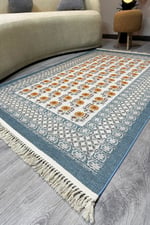 Mavi Dokuma Bohem Kilim Etnik Çiçekli Motif Desen li Vintage Kilim Yıkanabilir Cotton Kilim 3724