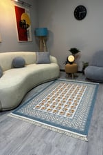 Mavi Dokuma Bohem Kilim Etnik Çiçekli Motif Desen li Vintage Kilim Yıkanabilir Cotton Kilim 3724
