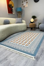 Mavi Dokuma Bohem Kilim Etnik Çiçekli Motif Desen li Vintage Kilim Yıkanabilir Cotton Kilim 3724