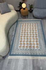 Mavi Dokuma Bohem Kilim Etnik Çiçekli Motif Desen li Vintage Kilim Yıkanabilir Cotton Kilim 3724