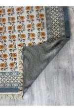 Mavi Dokuma Bohem Kilim Etnik Çiçekli Motif Desen li Vintage Kilim Yıkanabilir Cotton Kilim 3724