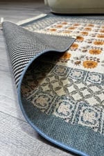 Mavi Dokuma Bohem Kilim Etnik Çiçekli Motif Desen li Vintage Kilim Yıkanabilir Cotton Kilim 3724