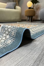 Mavi Dokuma Bohem Kilim Etnik Çiçekli Motif Desen li Vintage Kilim Yıkanabilir Cotton Kilim 3724