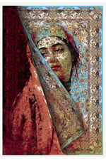 Mavi Ve Bordo Tonlarda Kadın Silüeti Etnik Desenli Vintage Dokuma Taban Salon Halı Mars 150