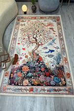 Mercan ve Ağaç Desenli Yumuşak Dokulu, Pamuk Taban, Yatak Odası & Salon Halısı mars274