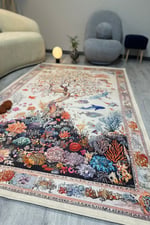 Mercan ve Ağaç Desenli Yumuşak Dokulu, Pamuk Taban, Yatak Odası & Salon Halısı mars274