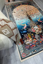Mercan ve Deniz Kızı Figürlü Dekoratif Halı Desenli Yumuşak Dokulu Pamuk Yatak Odası Salon Halısı