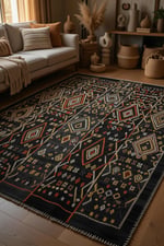 Modern Etnik Desenli Siyah Salon Halısı -Kaymaz Tabanlı,Yıkanabilir Şık Kilim Halı 2106