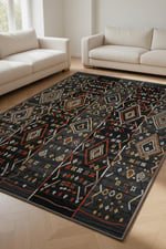 Modern Etnik Desenli Siyah Salon Halısı -Kaymaz Tabanlı,Yıkanabilir Şık Kilim Halı 2106
