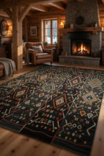 Modern Etnik Desenli Siyah Salon Halısı -Kaymaz Tabanlı,Yıkanabilir Şık Kilim Halı 2106