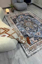 Modern Klasik Desenli Mavi Kahverengi Vintage Halı Pamuk Taban Salon ve Yatak Odası Halısı Mars2243