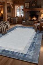 Modern Mavi Çerçeve Desenli Kilim – Minimal Salon Halısı, Kaymaz Taban, Dekoratif Tasarım 2205