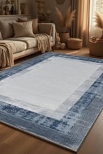 Modern Mavi Çerçeve Desenli Kilim – Minimal Salon Halısı, Kaymaz Taban, Dekoratif Tasarım 2205