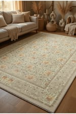 Modern Pastel Tonlar Soft Bej Vintage Halı Lale Motifli Klasik Salon Halısı 2282