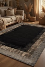 Modern Siyah Kahve Çerçeve Desenli Kilim – Minimal Salon Halısı, Kaymaz Taban 2206