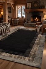Modern Siyah Kahve Çerçeve Desenli Kilim – Minimal Salon Halısı, Kaymaz Taban 2206