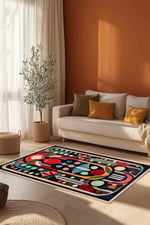 Modern ve Canlı Renkli Geometrik Halı Modeli Siyah Etnik Desenli Ponponlu Yıkanabilir Halı Milano272