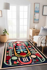 Modern ve Canlı Renkli Geometrik Halı Modeli Siyah Etnik Desenli Ponponlu Yıkanabilir Halı Milano272