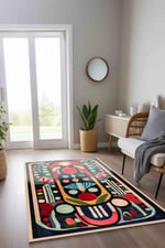 Modern ve Canlı Renkli Geometrik Halı Modeli Siyah Etnik Desenli Ponponlu Yıkanabilir Halı Milano272