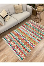 Multy Tonlarında Baklava Antika Desenli Dekoratif Pamuk Dokuma Cotton Kilim 3569