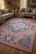 Pembe Çiçek Çelengi Turna Kuşlu Vintage Halı - Bohem Bahar Dokunuşu
