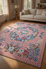 Pembe Çiçek Çelengi Turna Kuşlu Vintage Halı - Bohem Bahar Dokunuşu
