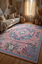 Pembe Çiçek Çelengi Turna Kuşlu Vintage Halı - Bohem Bahar Dokunuşu