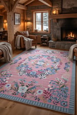 Pembe Çiçek Çelengi Turna Kuşlu Vintage Halı - Bohem Bahar Dokunuşu