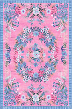 Pembe Çiçek Çelengi Turna Kuşlu Vintage Halı - Bohem Bahar Dokunuşu