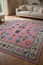 Pembe Otantik Etnik Desenli Halı - Vintage Türk Motifli Bohem Salon Halısı 71