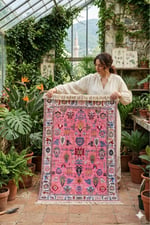 Pembe Otantik Etnik Desenli Halı - Vintage Türk Motifli Bohem Salon Halısı 71