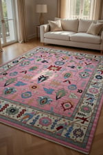 Pembe Otantik Etnik Desenli Halı - Vintage Türk Motifli Bohem Salon Halısı 71
