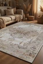 Premium Soft Vintage Bej Halı – Modern Klasik Medalyon Desen 2204