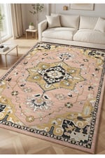 Pudra Pembe Siyah Gold Merkez Madalyonlu Modern Klasik Salon Halısı 2283
