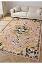 Pudra Pembe Siyah Gold Merkez Madalyonlu Modern Klasik Salon Halısı 2283