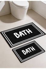 Punto Beyaz Çizgili BATH Yazılı Dijital Baskı Yıkanan Kaymaz İkili Banyo Paspas Takımı, 40x60 60x100