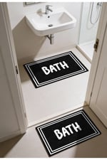 Punto Beyaz Çizgili BATH Yazılı Dijital Baskı Yıkanan Kaymaz İkili Banyo Paspas Takımı, 40x60 60x100