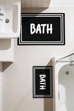 Punto Beyaz Çizgili BATH Yazılı Dijital Baskı Yıkanan Kaymaz İkili Banyo Paspas Takımı, 40x60 60x100