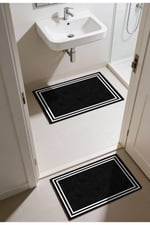Punto Beyaz Çizgili Dijital Baskı Yıkanan Kaymaz İkili Banyo Paspas Takımı 40x60 60x100