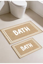 Punto Jüt Görünümlü Beyaz Çizgili BATH Yazılı Dijital Baskılı İkili Banyo Paspas Takımı 40x60 60x100