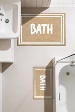 Punto Jüt Görünümlü Beyaz Çizgili BATH Yazılı Dijital Baskılı İkili Banyo Paspas Takımı 40x60 60x100