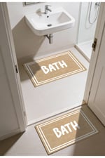 Punto Jüt Görünümlü Beyaz Çizgili BATH Yazılı Dijital Baskılı İkili Banyo Paspas Takımı 40x60 60x100