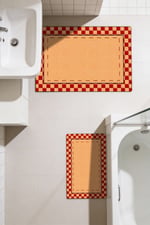 Punto Jüt Görünümlü Kırmızı Dama Desen Dijital Baskılı Kaymaz İkili Banyo Paspas Takımı 40x60 60x100