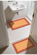 Punto Jüt Görünümlü Kırmızı Dama Desen Dijital Baskılı Kaymaz İkili Banyo Paspas Takımı 40x60 60x100
