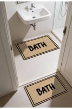 Punto Jüt Görünümlü Siyah Çizgili BATH Yazılı Dijital Baskılı İkili Banyo Paspas Takımı 40x60 60x100