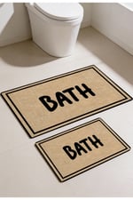 Punto Jüt Görünümlü Siyah Çizgili BATH Yazılı Dijital Baskılı İkili Banyo Paspas Takımı 40x60 60x100
