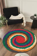 Renkli Etnik Desenli Jüt Görünümlü Yuvarlak Kilim Bohem Dekoratif Halı 995