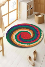 Renkli Etnik Desenli Jüt Görünümlü Yuvarlak Kilim Bohem Dekoratif Halı 995