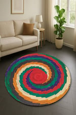 Renkli Etnik Desenli Jüt Görünümlü Yuvarlak Kilim Bohem Dekoratif Halı 995